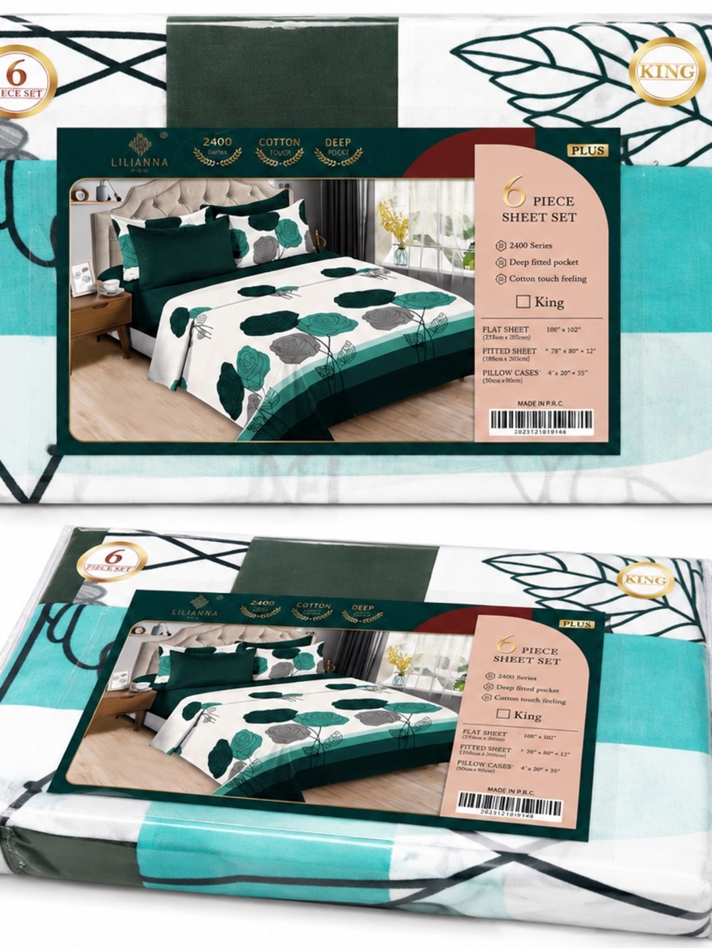 Liliana King Sheet Set with Teal, Dark Green & Gray Floral Pattern
